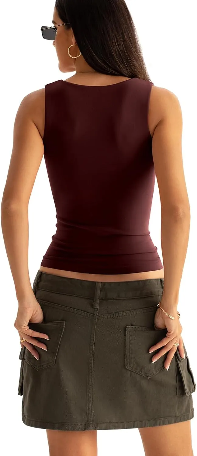 Women's Scoop Neck Seamless Tank Top with Built in Bras No Pads Fitted Sleeveless Shirts