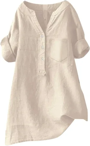 Women's Short Sleeve Cotton Linen Shirts Casual V Neck Soft T Shirts Floral Loose Fit Summer Tshirts