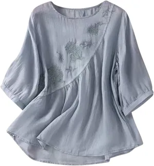 Women's Short Sleeve Linen Shirt Casual V Neck Fashion T Shirts Floral Print Loose Fit Summer Tshirts