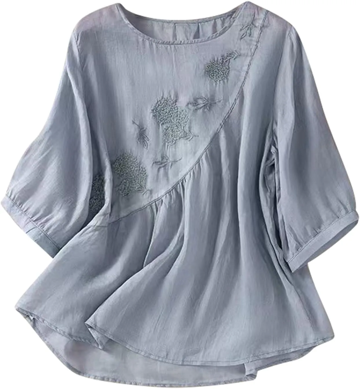 Women's Short Sleeve Linen Shirt Casual V Neck Fashion T Shirts Floral Print Loose Fit Summer Tshirts