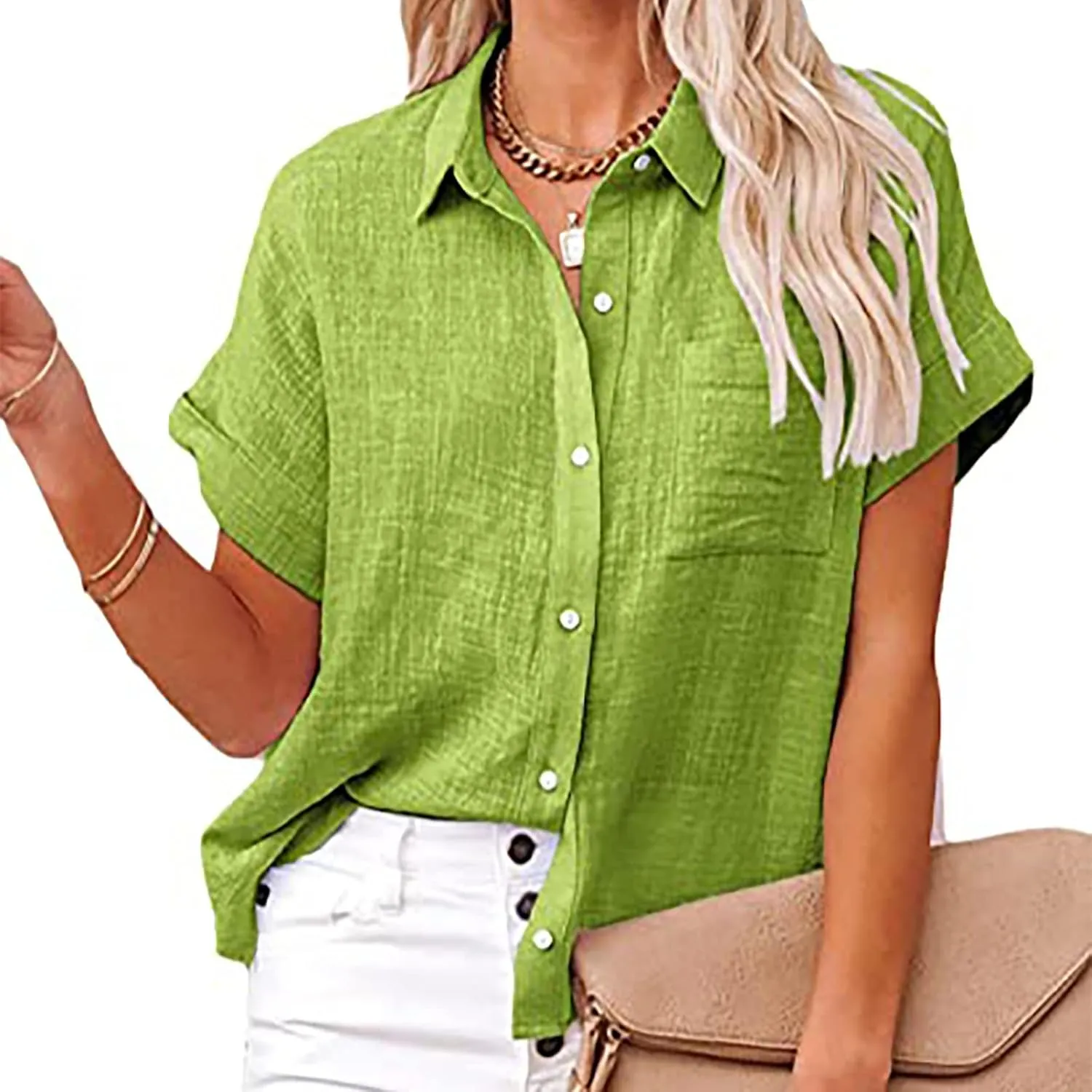 Women's Short Sleeve Linen Tops Button Down Summer Shirts Plus Size Work Blouse Dressy Casual Basic Tee Shirt Tops