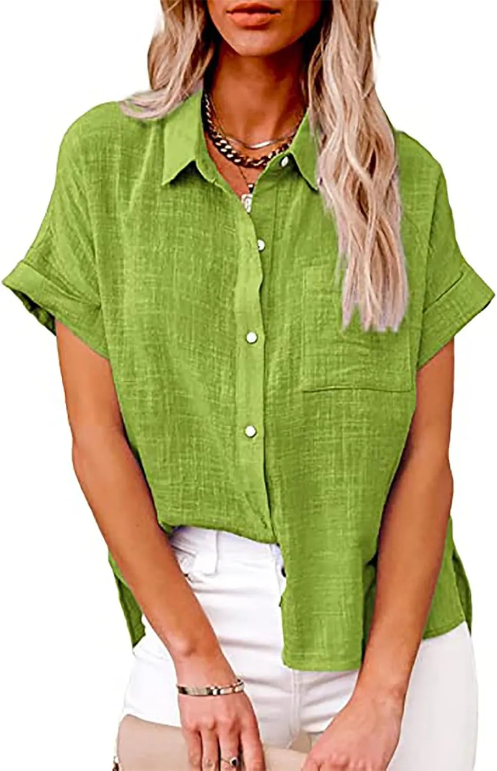 Women's Short Sleeve Linen Tops Button Down Summer Shirts Plus Size Work Blouse Dressy Casual Basic Tee Shirt Tops