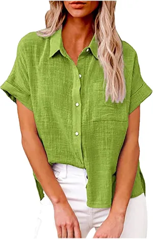 Women's Short Sleeve Linen Tops Button Down Summer Shirts Plus Size Work Blouse Dressy Casual Basic Tee Shirt Tops