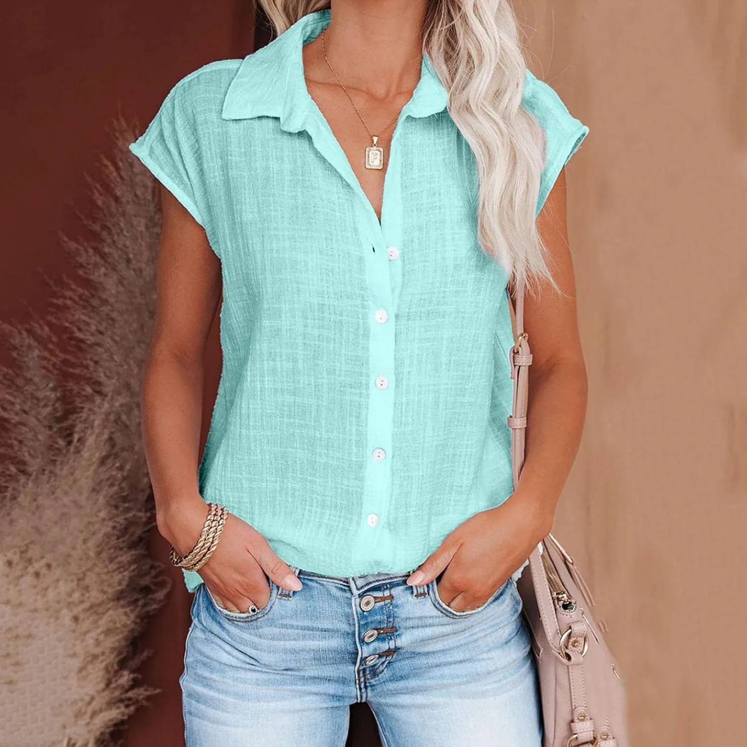 Womens Short Sleeve Shirts Tops Summer Casual Button Down Lapel Tee Solid Color Cotton Linen Loose Fit T-Shirt Blouse