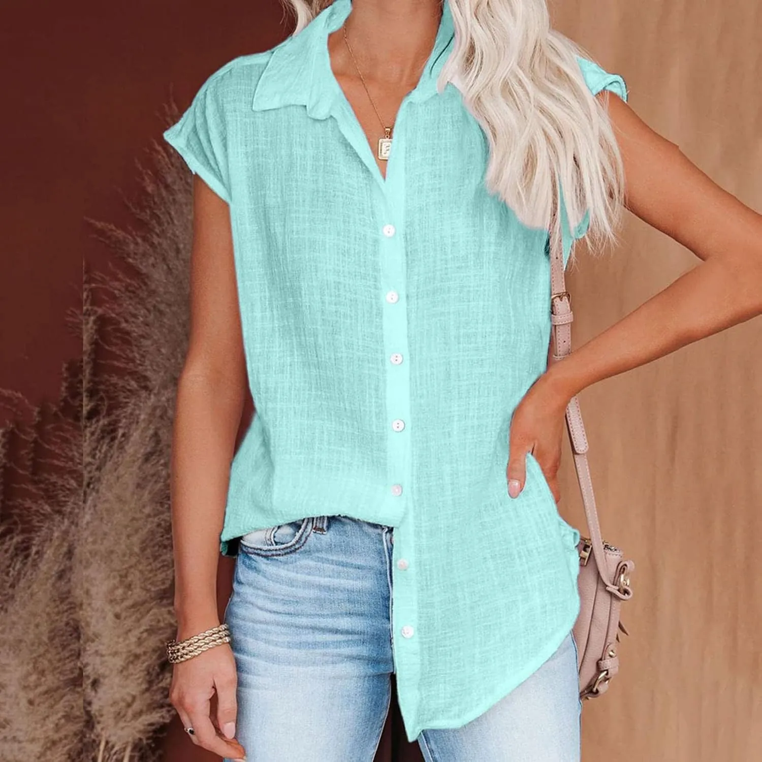 Womens Short Sleeve Shirts Tops Summer Casual Button Down Lapel Tee Solid Color Cotton Linen Loose Fit T-Shirt Blouse