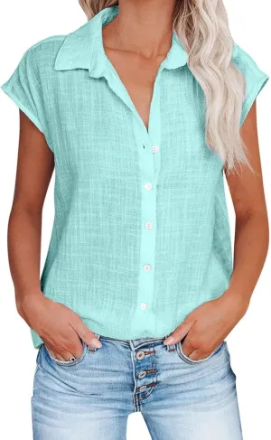 Womens Short Sleeve Shirts Tops Summer Casual Button Down Lapel Tee Solid Color Cotton Linen Loose Fit T-Shirt Blouse