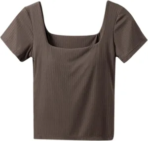 Womens Short Sleeve Tops with Built in Bra Casual Basic Shelf Bras Yoga Shirts Summer Sqaure Neck Plain Padded Tshirt
