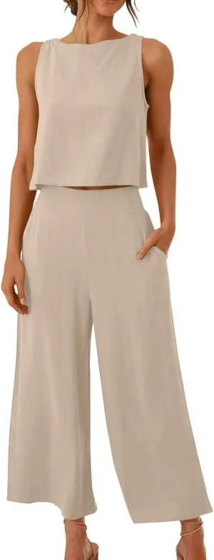 Women's Summer 2 Piece Outfits Sleeveless Crop Top Capri Wide Leg Pants Jumpsuit Linen Lounge Beach Travel Sets
