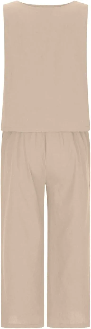 Women's Summer 2 Piece Outfits Sleeveless Crop Top Capri Wide Leg Pants Jumpsuit Linen Lounge Beach Travel Sets