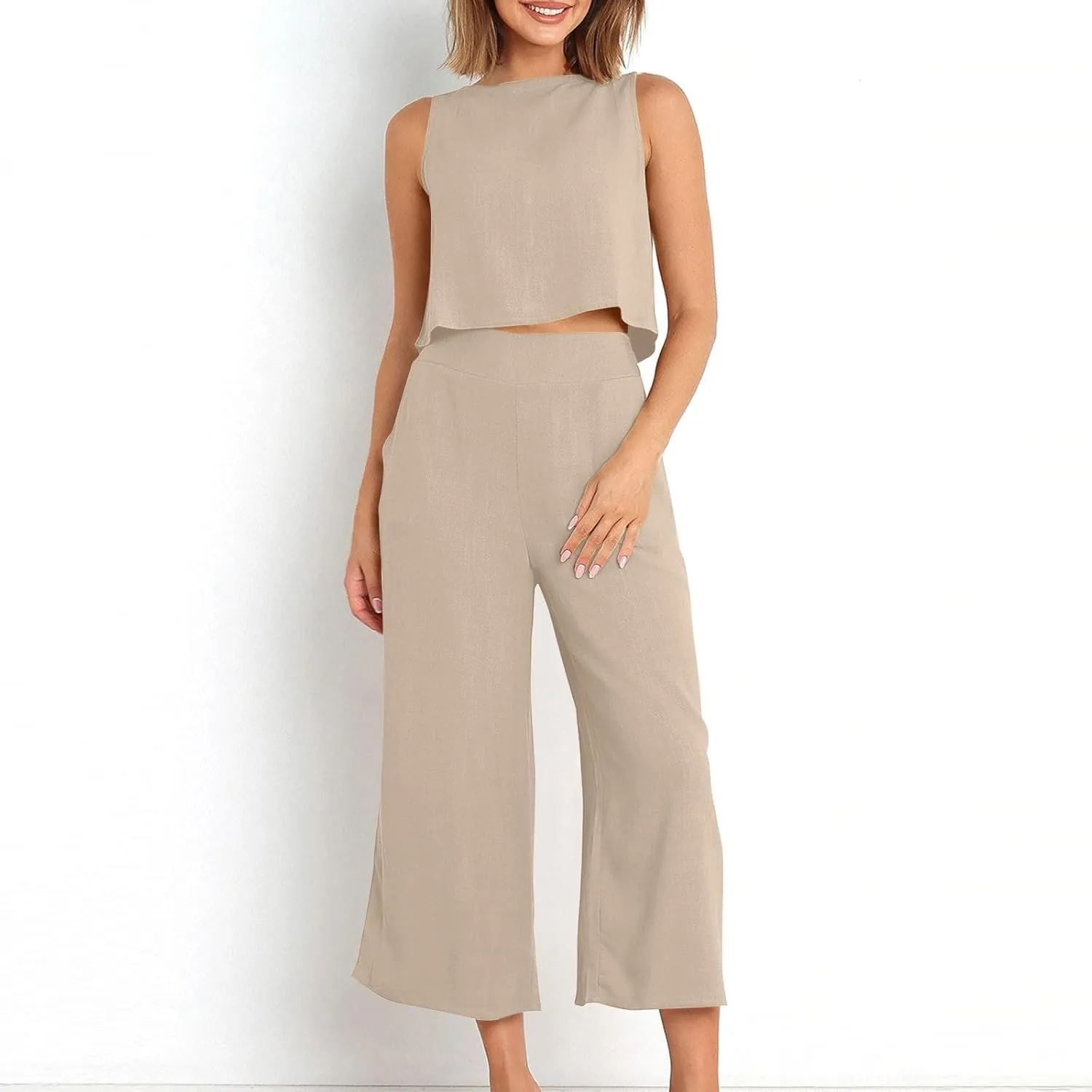 Women's Summer 2 Piece Outfits Sleeveless Crop Top Capri Wide Leg Pants Jumpsuit Linen Lounge Beach Travel Sets