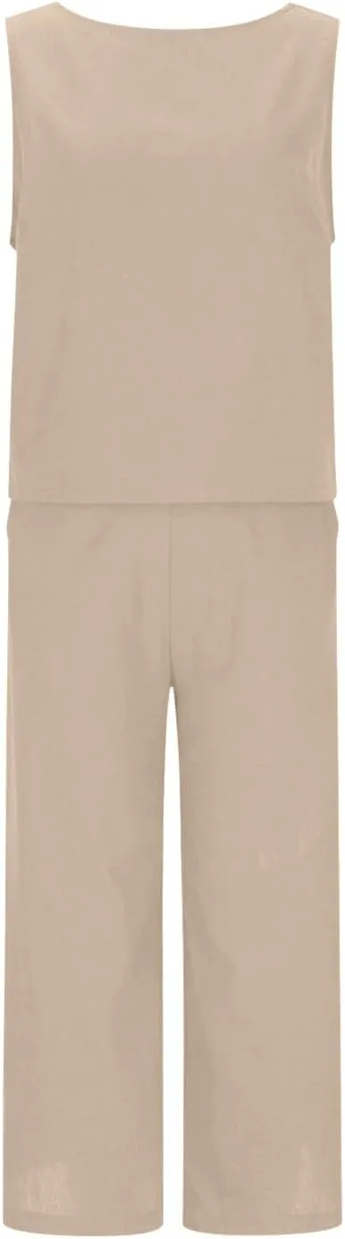 Women's Summer 2 Piece Outfits Sleeveless Crop Top Capri Wide Leg Pants Jumpsuit Linen Lounge Beach Travel Sets