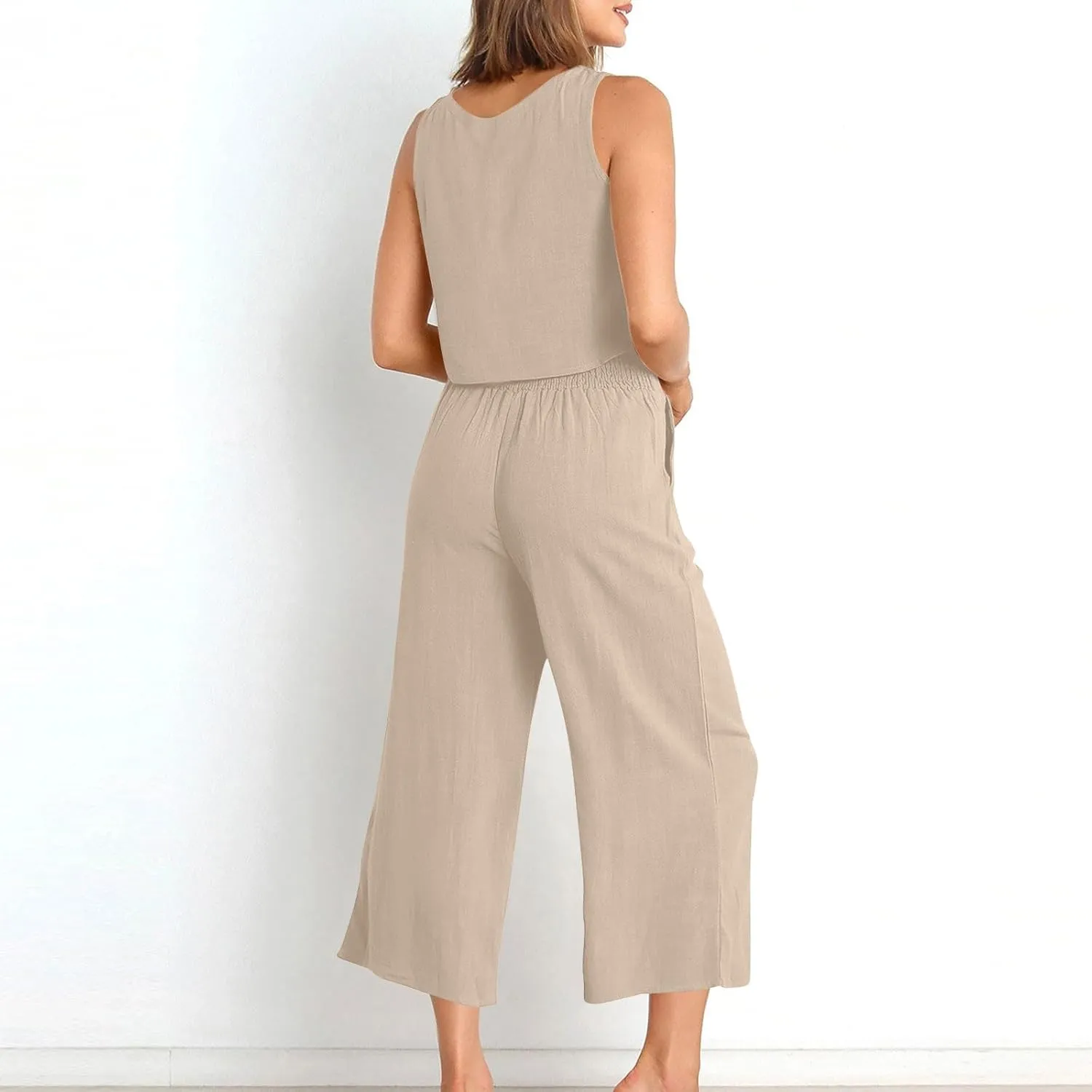 Women's Summer 2 Piece Outfits Sleeveless Crop Top Capri Wide Leg Pants Jumpsuit Linen Lounge Beach Travel Sets