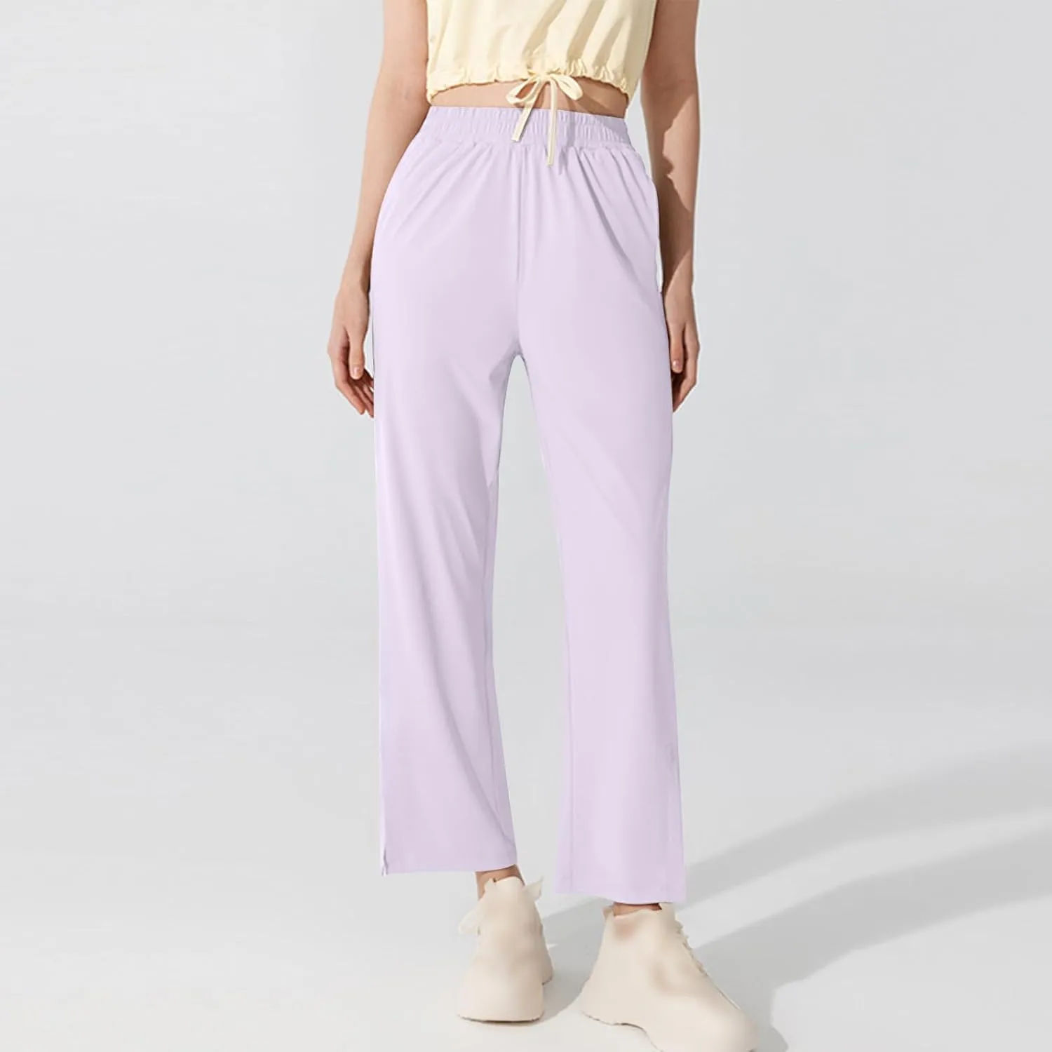 Womens Summer Athletic Pants Straight Leg Stretch Waisted Trousers with Pockets Breathable Loose Comfy Fitness Pant