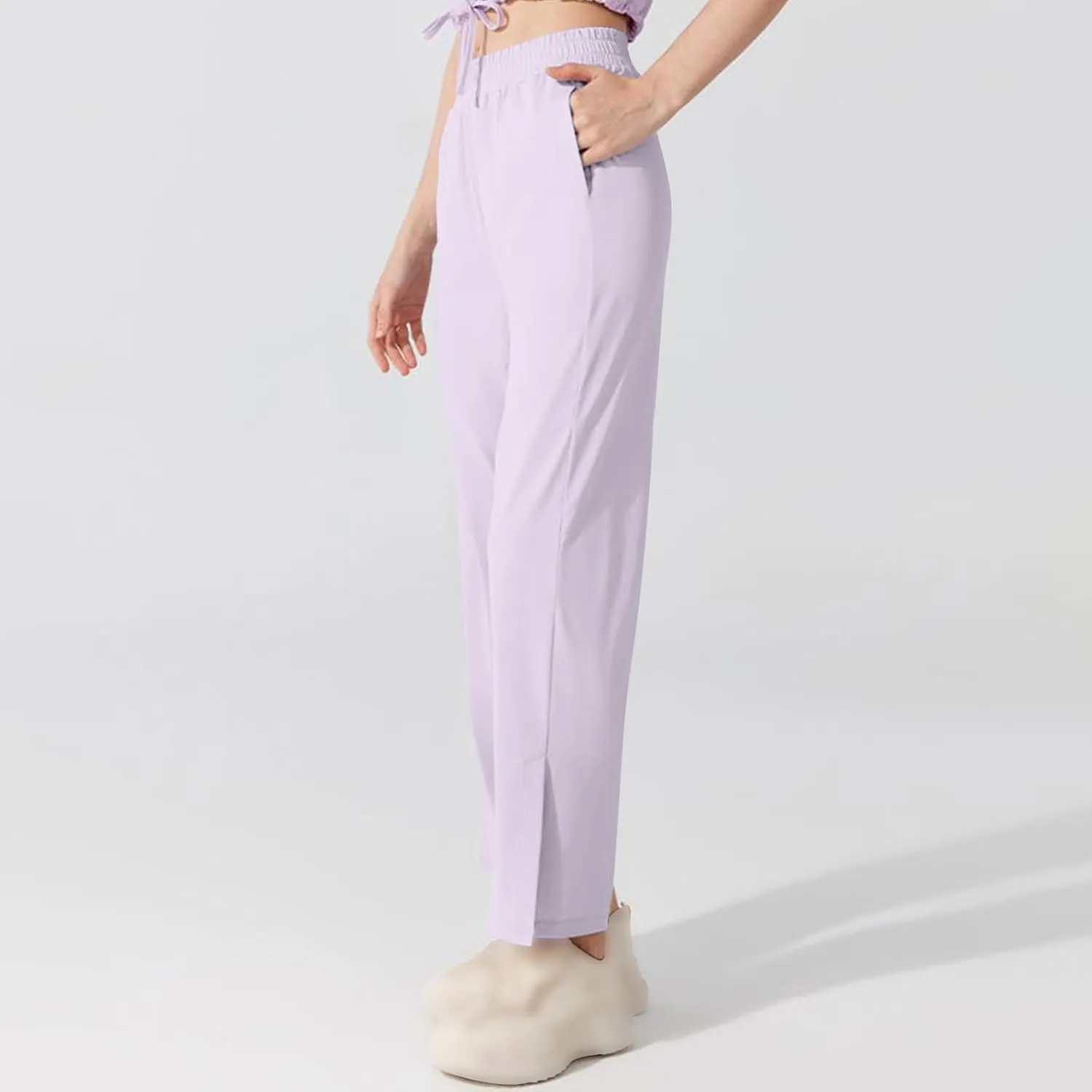Womens Summer Athletic Pants Straight Leg Stretch Waisted Trousers with Pockets Breathable Loose Comfy Fitness Pant
