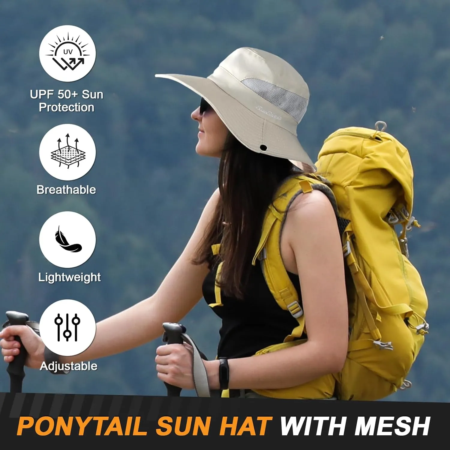 Womens Sun Hat - Sun Hats for Women with Ponytail Hole, Foldable Wide Brim Cooling Mesh Beach Fishing Hat for Outdoor