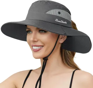 Womens Sun Hat - Sun Hats for Women with Ponytail Hole, Foldable Wide Brim Cooling Mesh Beach Fishing Hat for Outdoor