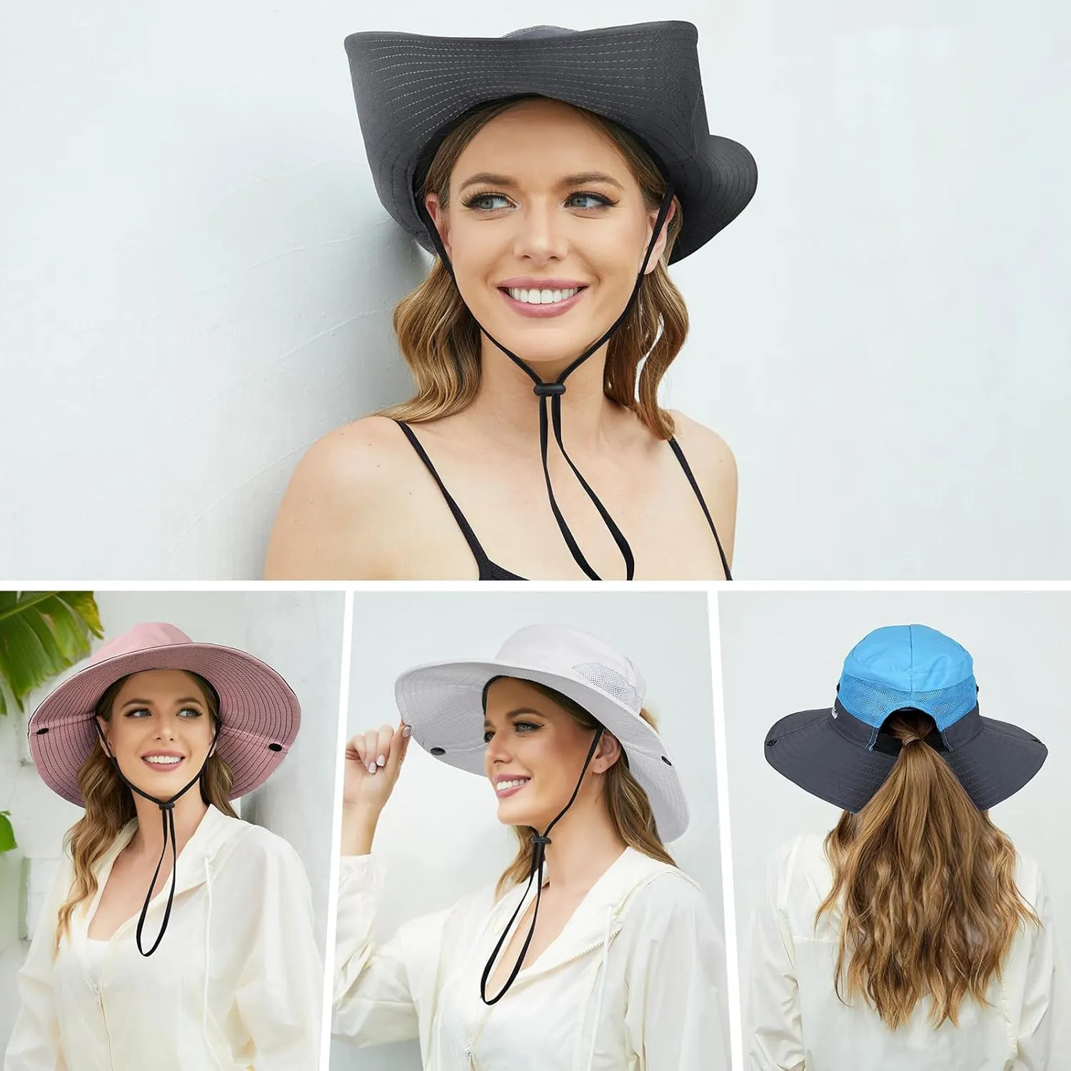 Womens Sun Hat - Sun Hats for Women with Ponytail Hole, Foldable Wide Brim Cooling Mesh Beach Fishing Hat for Outdoor