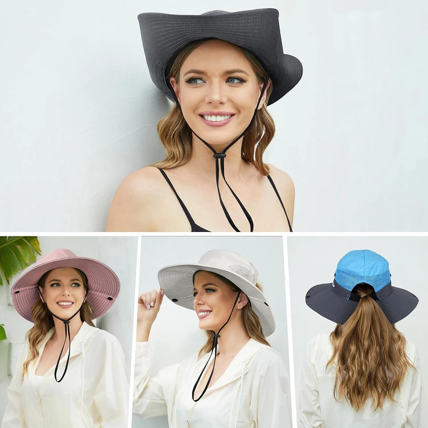 Womens Sun Hat - Sun Hats for Women with Ponytail Hole, Foldable Wide Brim Cooling Mesh Beach Fishing Hat for Outdoor