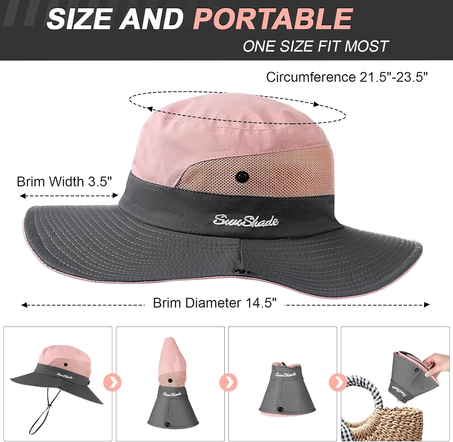 Womens Sun Hat - Sun Hats for Women with Ponytail Hole, Foldable Wide Brim Cooling Mesh Beach Fishing Hat for Outdoor