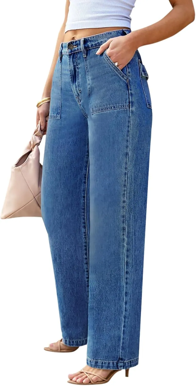 Womens Wide Leg Jeans High Waisted Carpenter Cargo Jeans Casual 90s Y2K Flap Pocket Straight Leg Jeans for Women