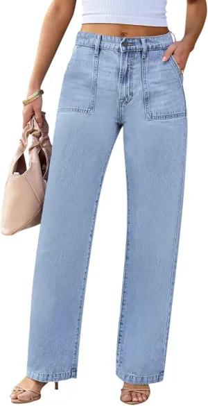 Womens Wide Leg Jeans High Waisted Carpenter Cargo Jeans Casual 90s Y2K Flap Pocket Straight Leg Jeans for Women