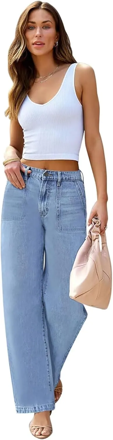 Womens Wide Leg Jeans High Waisted Carpenter Cargo Jeans Casual 90s Y2K Flap Pocket Straight Leg Jeans for Women