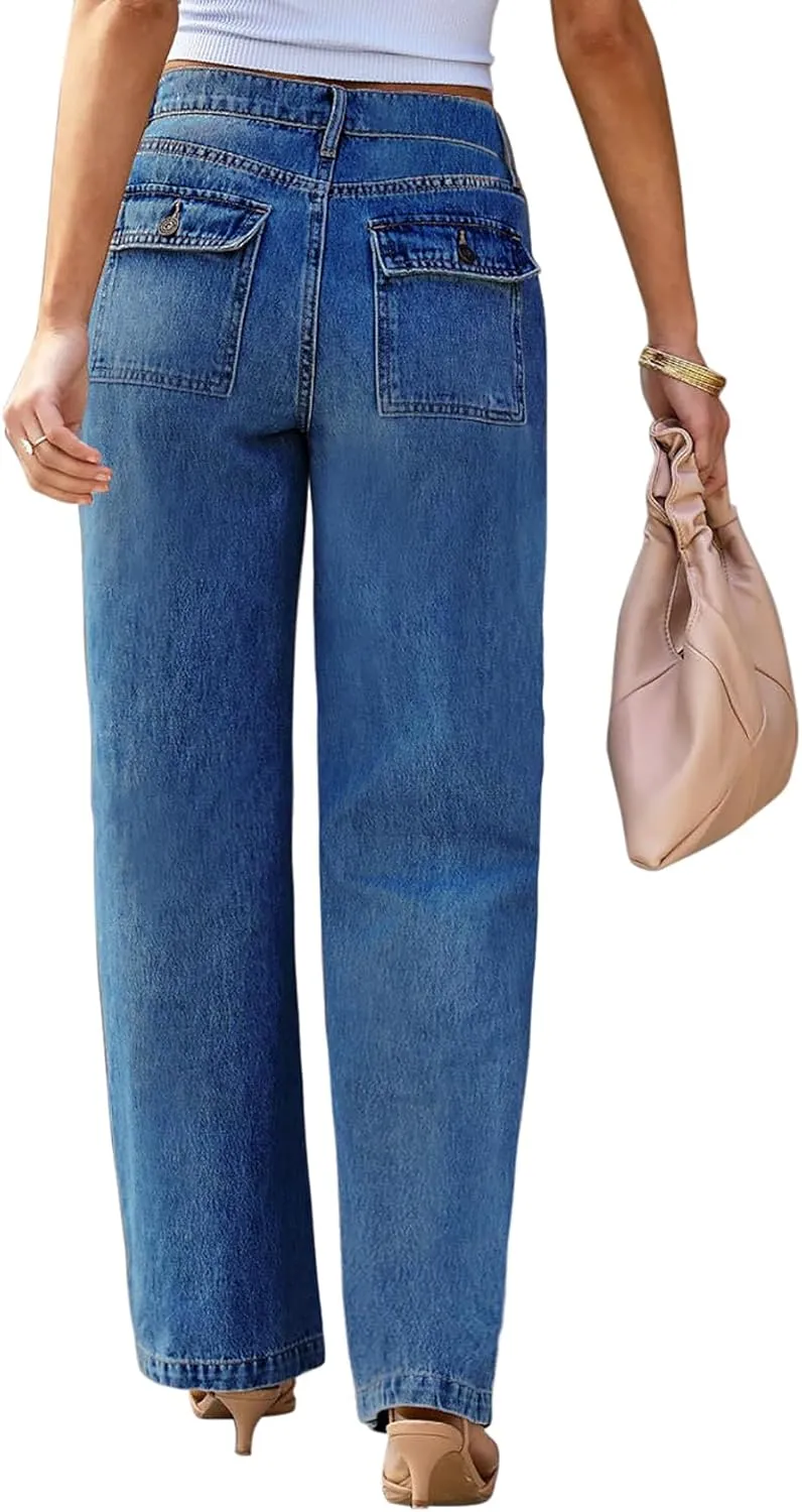 Womens Wide Leg Jeans High Waisted Carpenter Cargo Jeans Casual 90s Y2K Flap Pocket Straight Leg Jeans for Women