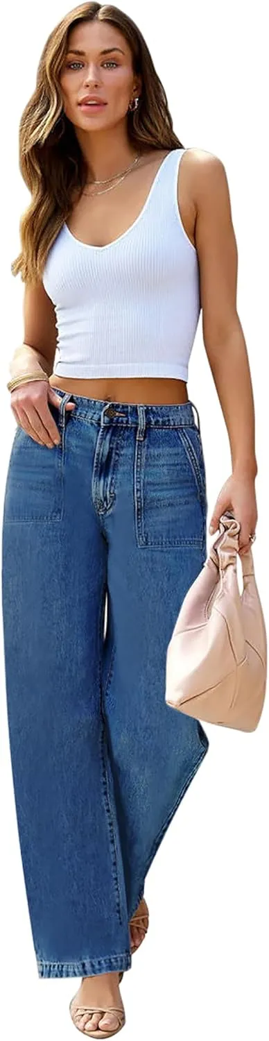 Womens Wide Leg Jeans High Waisted Carpenter Cargo Jeans Casual 90s Y2K Flap Pocket Straight Leg Jeans for Women