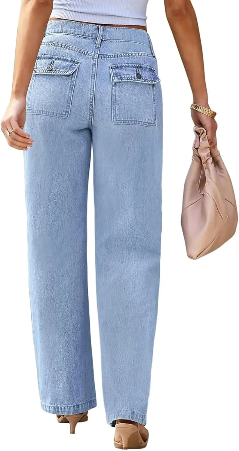 Womens Wide Leg Jeans High Waisted Carpenter Cargo Jeans Casual 90s Y2K Flap Pocket Straight Leg Jeans for Women