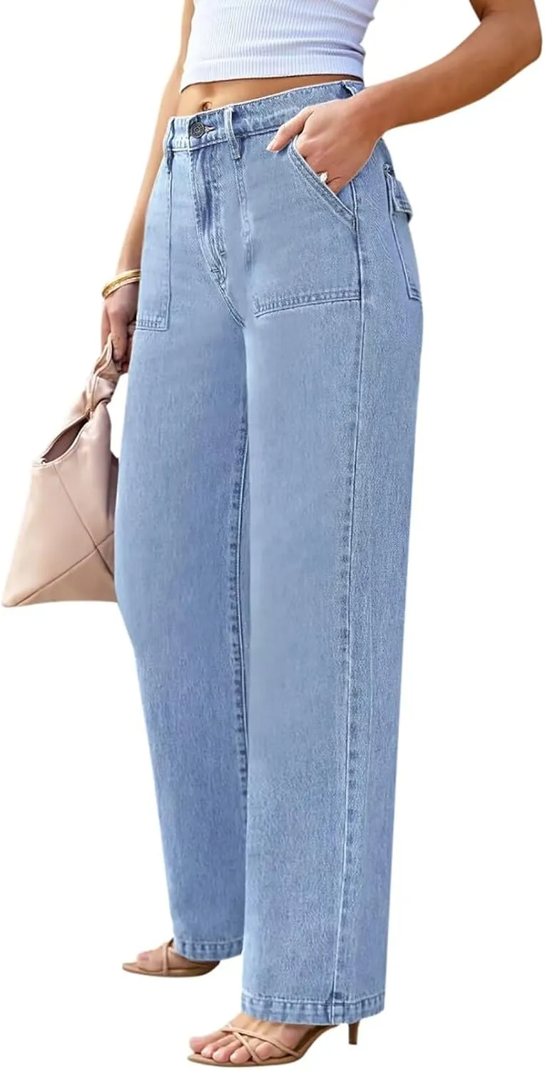 Womens Wide Leg Jeans High Waisted Carpenter Cargo Jeans Casual 90s Y2K Flap Pocket Straight Leg Jeans for Women