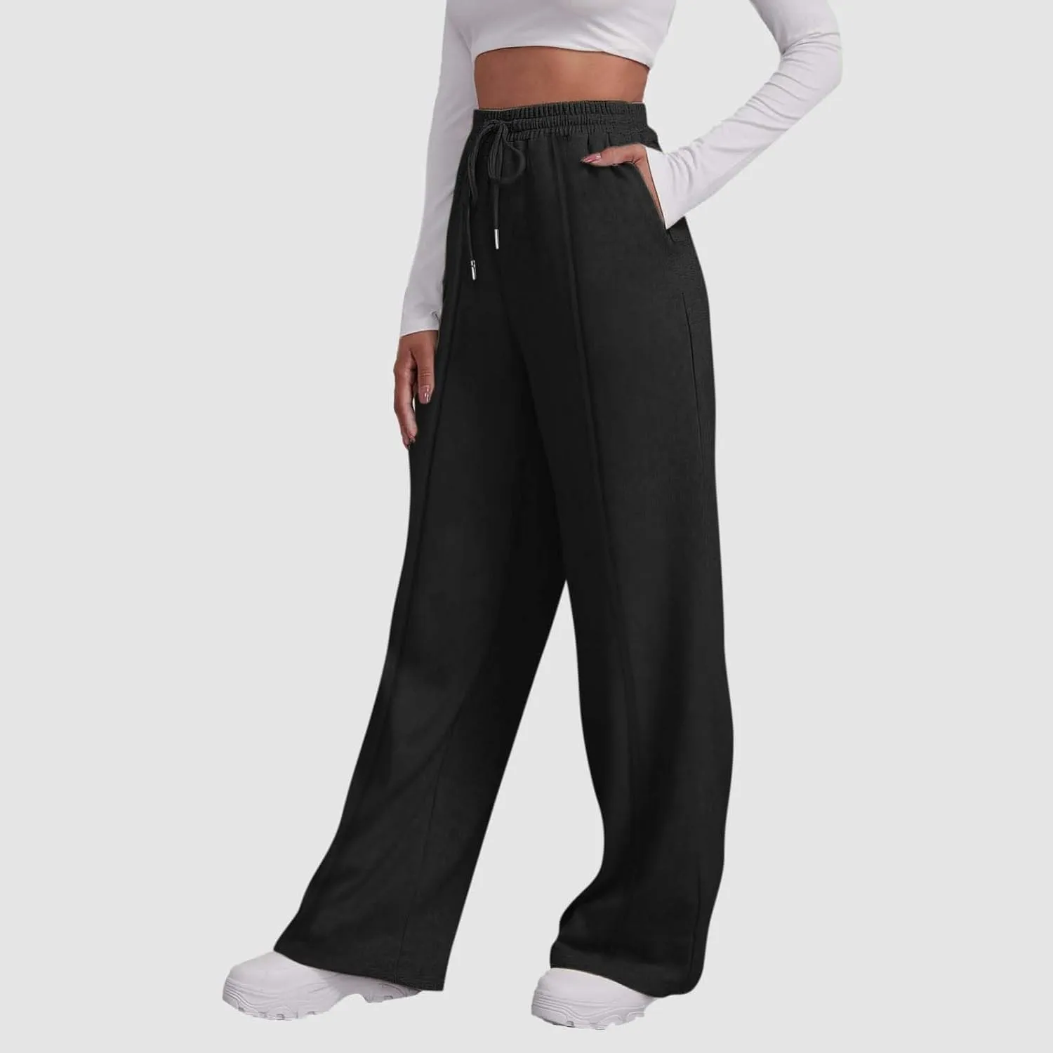Womens Wide Leg Sweatpants Baggy High Waisted Fleece Joggers with Pockets Comfy Lightweight Drawstring Lounge Pants