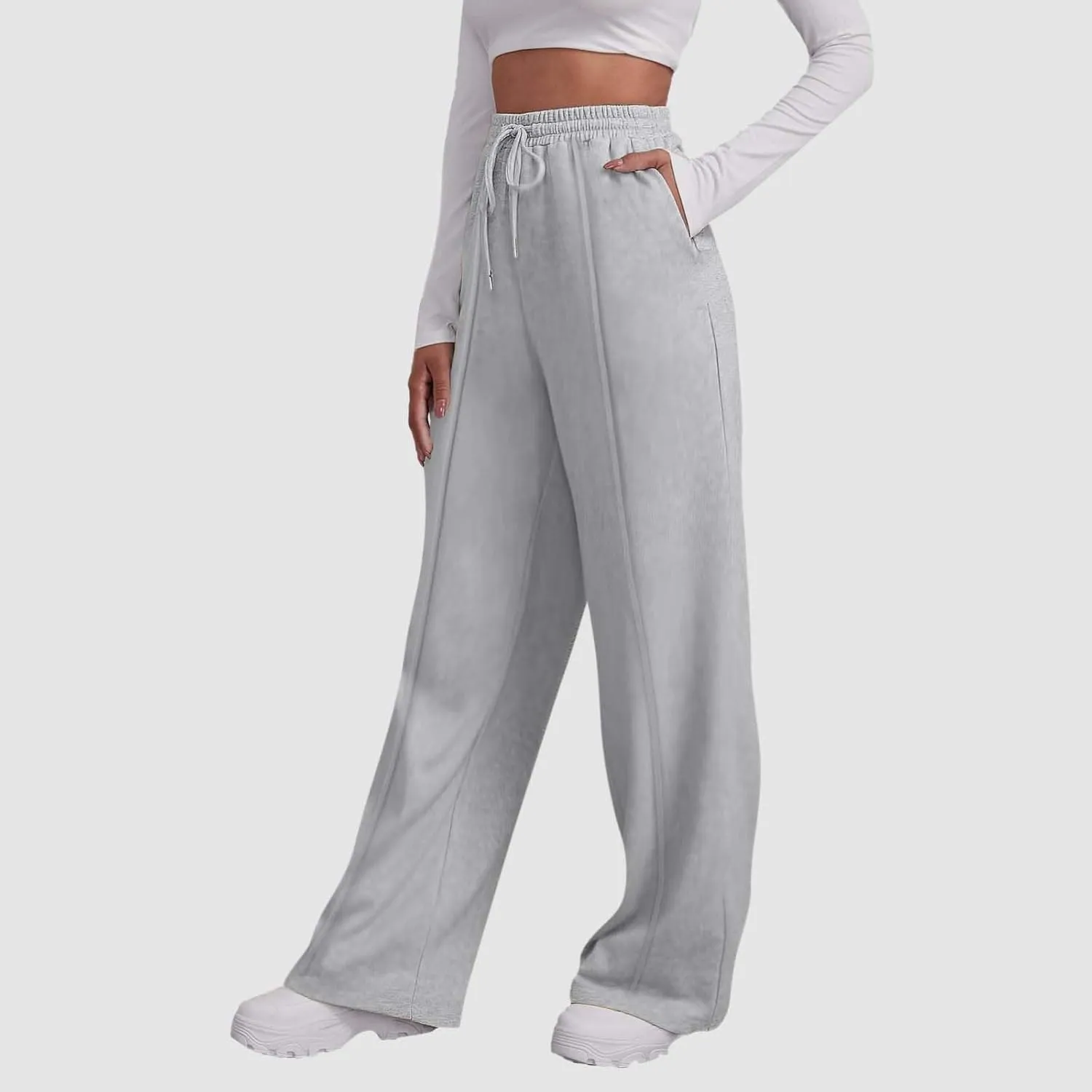 Womens Wide Leg Sweatpants Baggy High Waisted Fleece Joggers with Pockets Comfy Lightweight Drawstring Lounge Pants