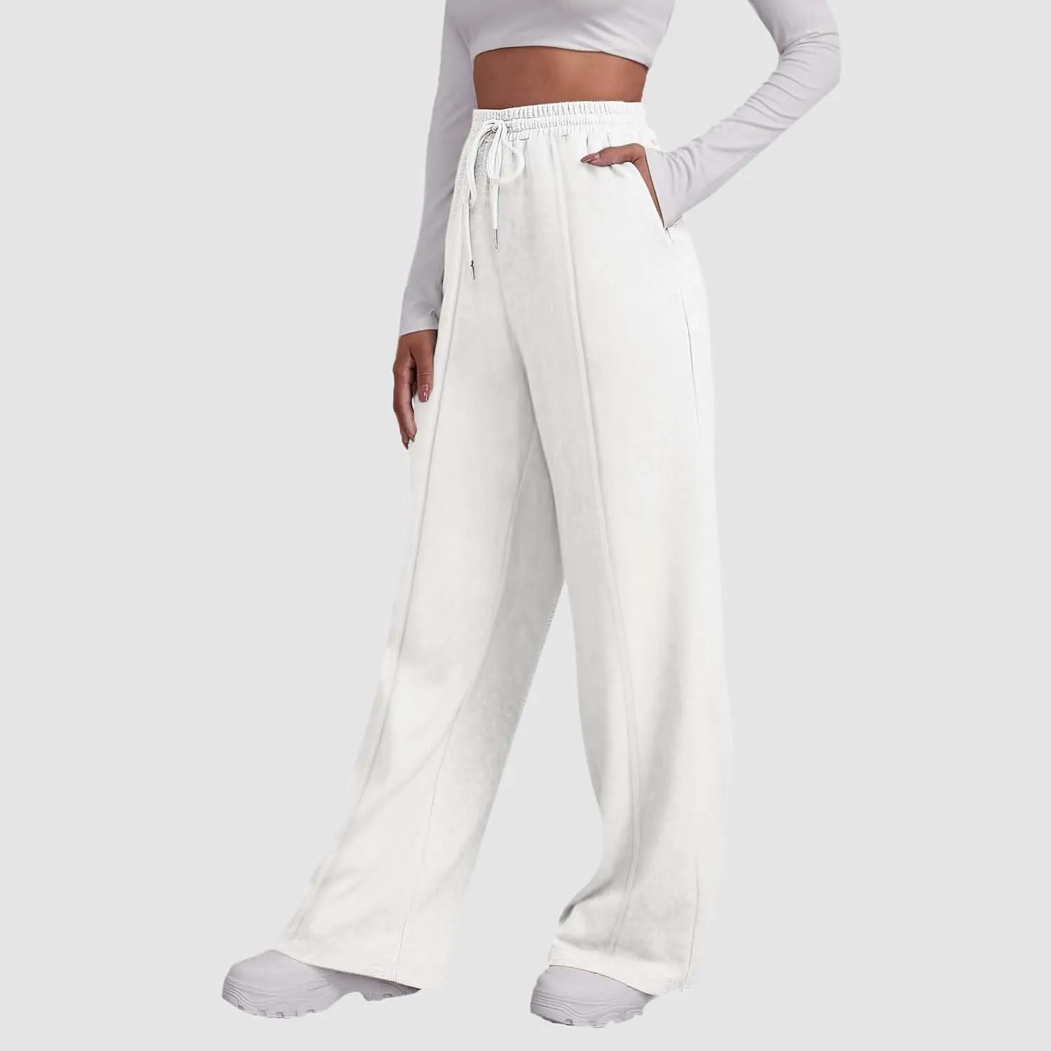 Womens Wide Leg Sweatpants Baggy High Waisted Fleece Joggers with Pockets Comfy Lightweight Drawstring Lounge Pants