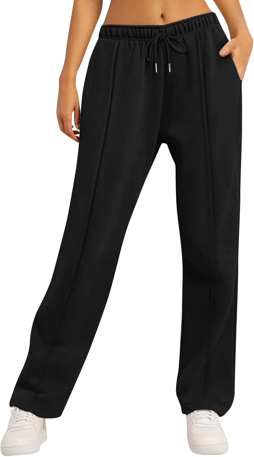 Womens Wide Leg Sweatpants Baggy High Waisted Fleece Joggers with Pockets Comfy Lightweight Drawstring Lounge Pants