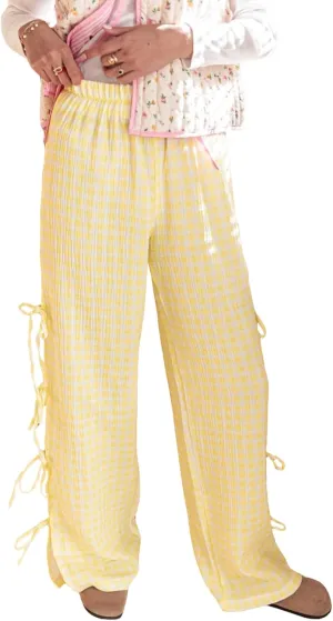 Y2K Gingham Pants for Women Bow Tie Side Slit Wide Leg Lounge Bottom Plaid Checkered Loose Fit Going Out Pants