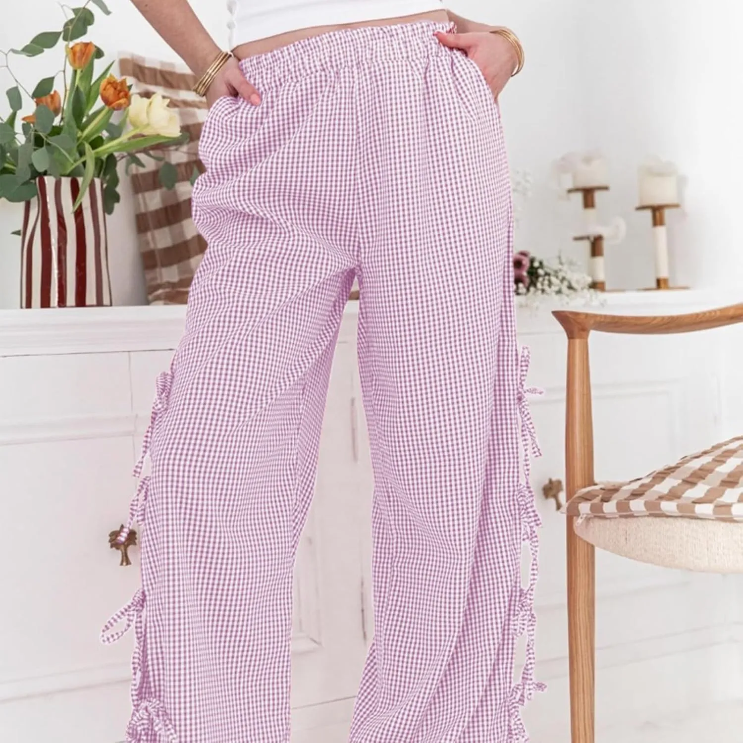 Y2K Gingham Pants for Women Bow Tie Side Slit Wide Leg Lounge Bottom Plaid Checkered Loose Fit Going Out Pants