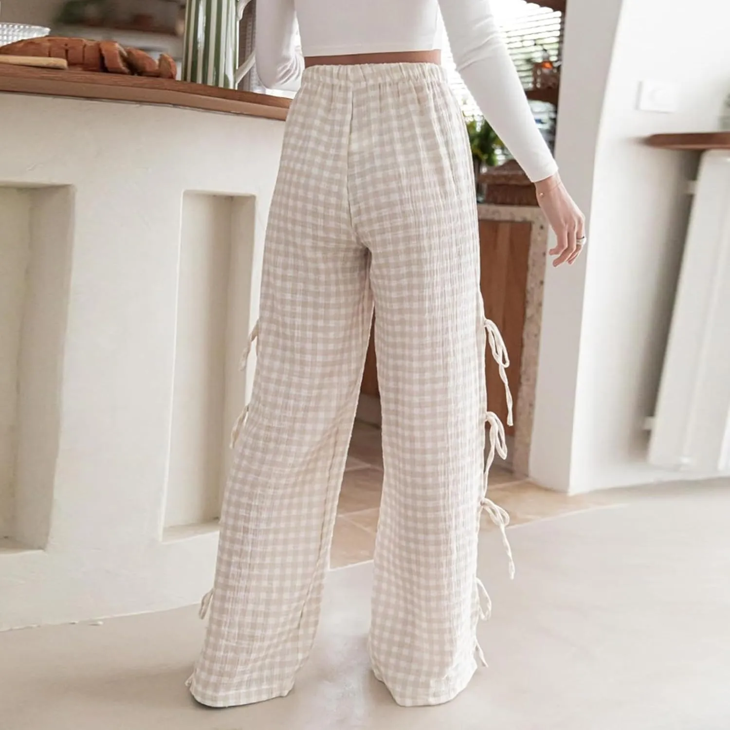 Y2K Gingham Pants for Women Bow Tie Side Slit Wide Leg Lounge Bottom Plaid Checkered Loose Fit Going Out Pants