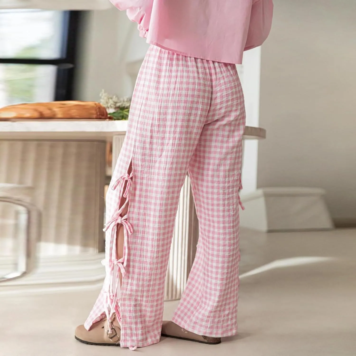 Y2K Gingham Pants for Women Bow Tie Side Slit Wide Leg Lounge Bottom Plaid Checkered Loose Fit Going Out Pants