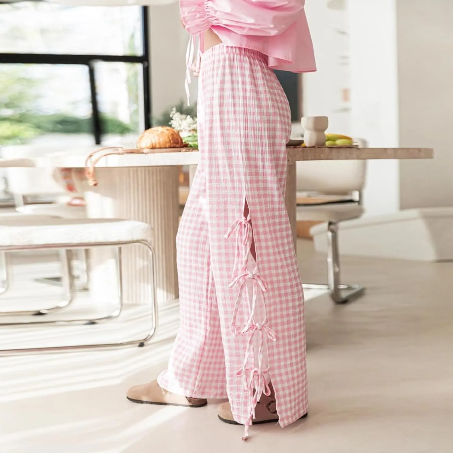 Y2K Gingham Pants for Women Bow Tie Side Slit Wide Leg Lounge Bottom Plaid Checkered Loose Fit Going Out Pants