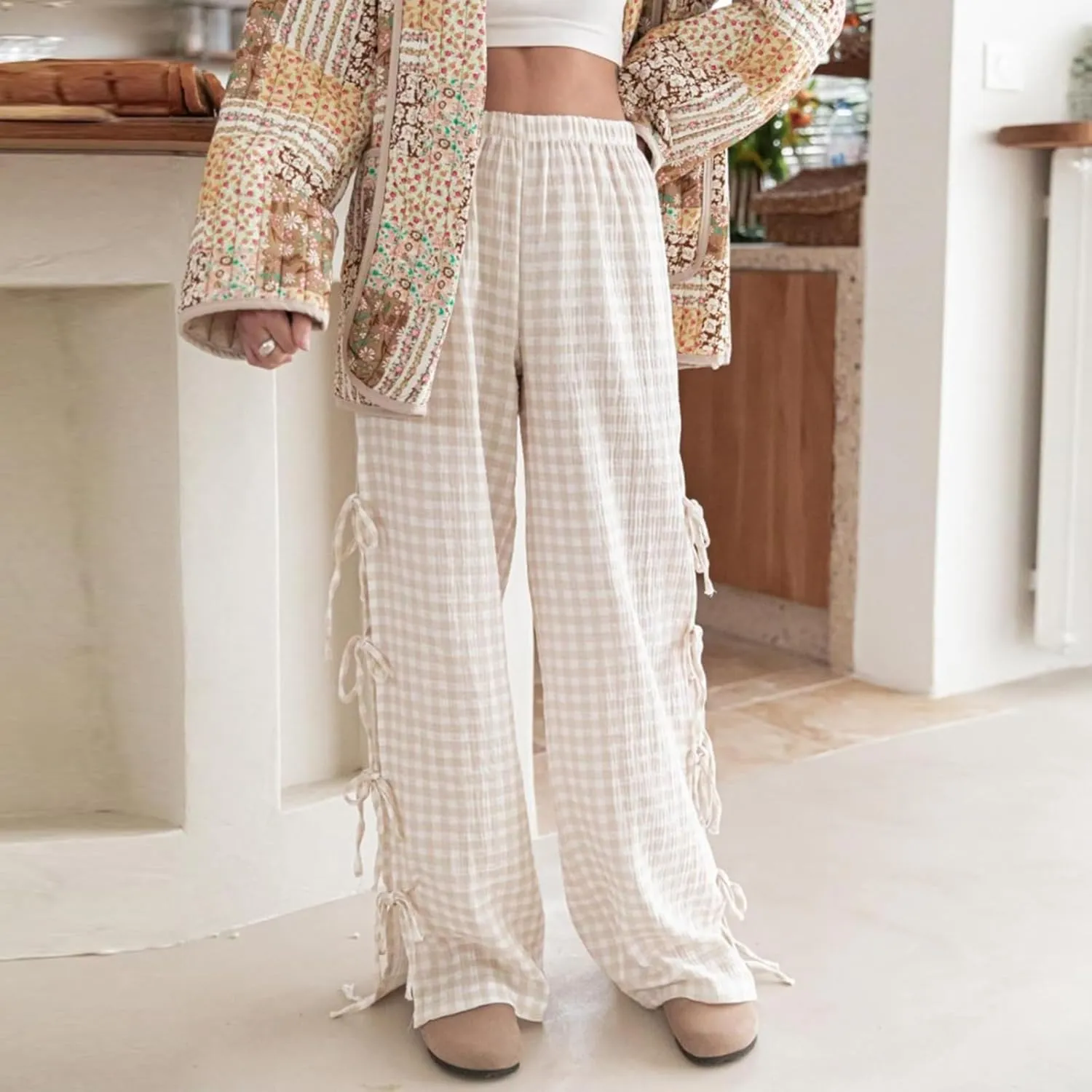 Y2K Gingham Pants for Women Bow Tie Side Slit Wide Leg Lounge Bottom Plaid Checkered Loose Fit Going Out Pants