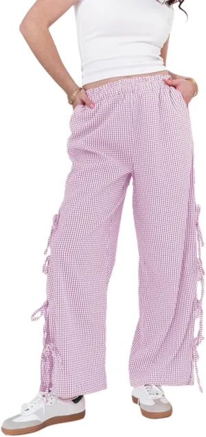 Y2K Gingham Pants for Women Bow Tie Side Slit Wide Leg Lounge Bottom Plaid Checkered Loose Fit Going Out Pants