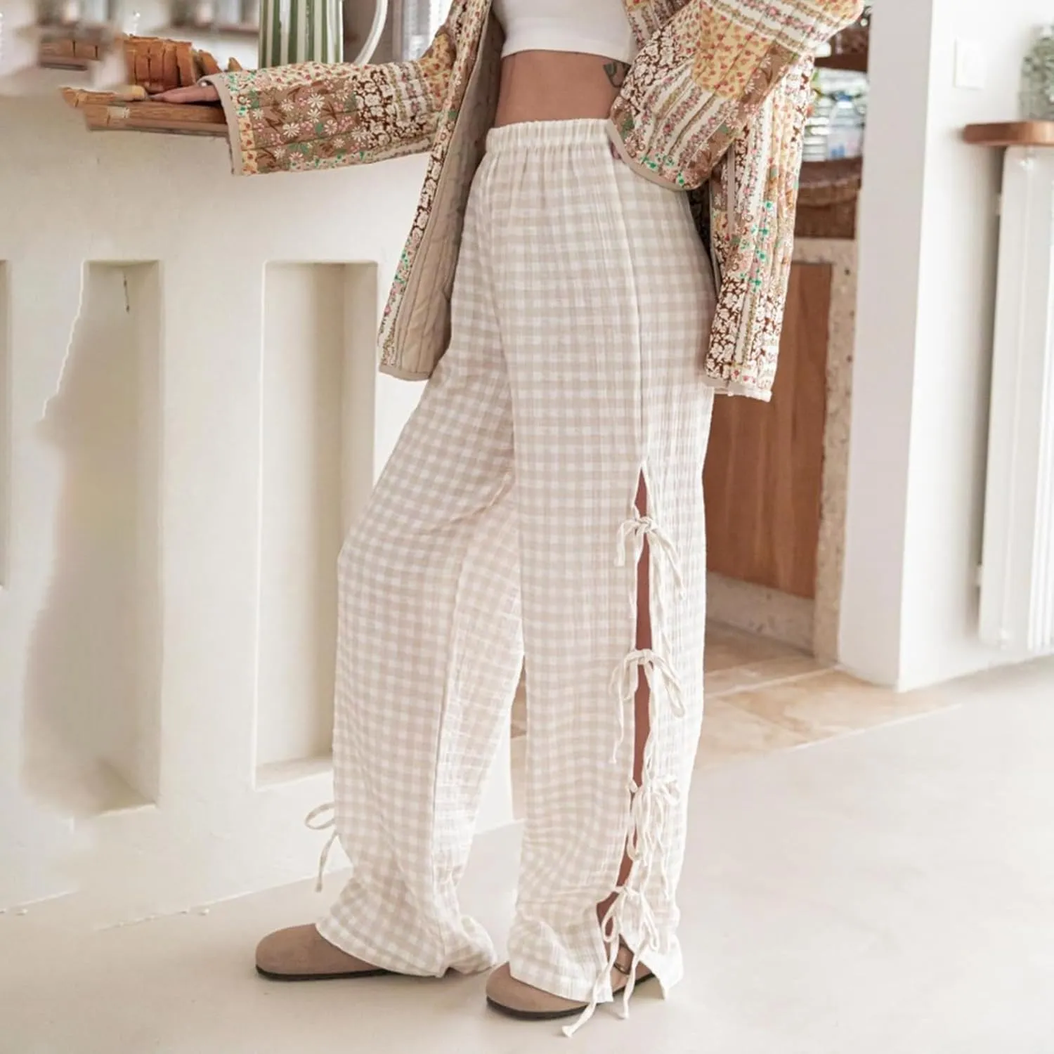 Y2K Gingham Pants for Women Bow Tie Side Slit Wide Leg Lounge Bottom Plaid Checkered Loose Fit Going Out Pants