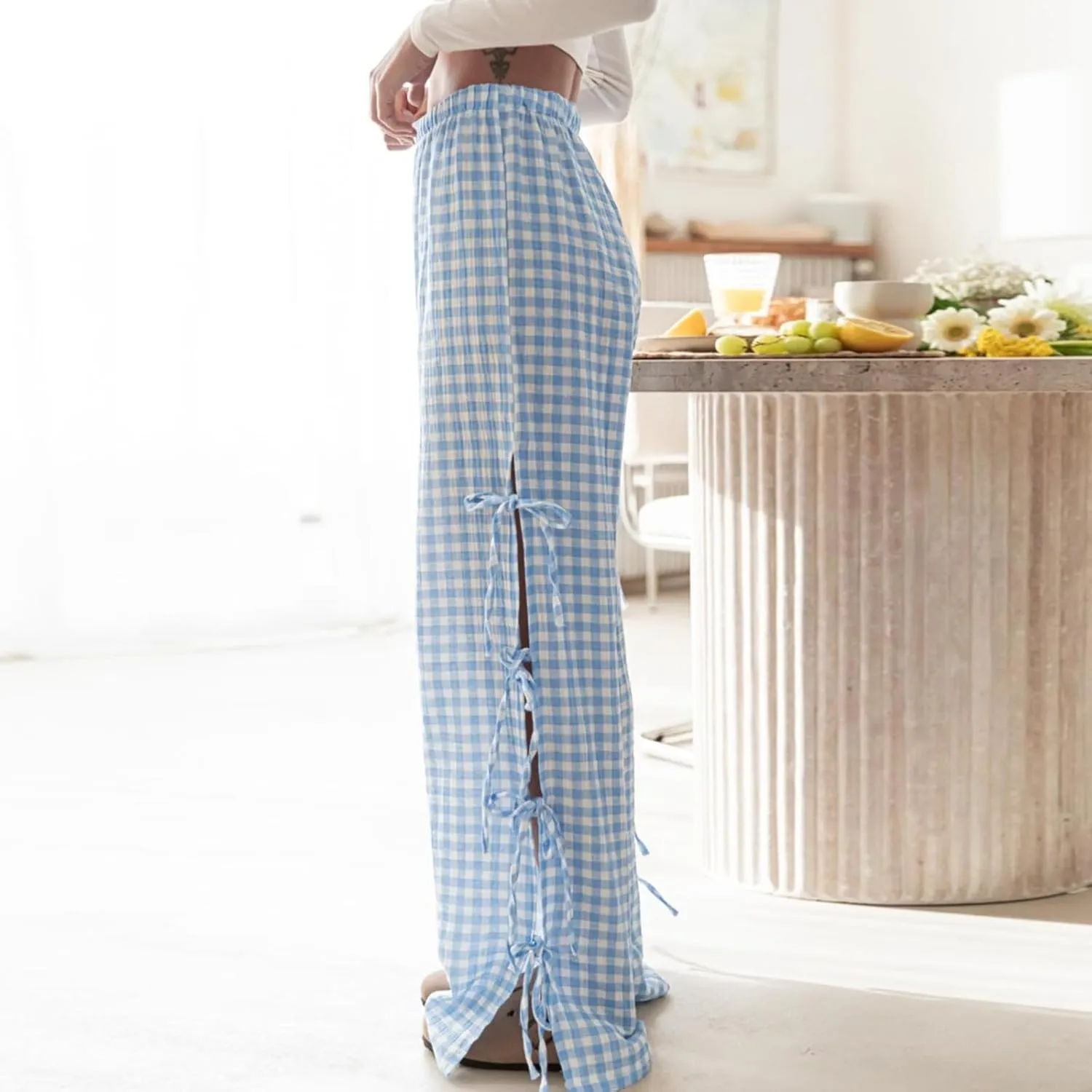 Y2K Gingham Pants for Women Bow Tie Side Slit Wide Leg Lounge Bottom Plaid Checkered Loose Fit Going Out Pants