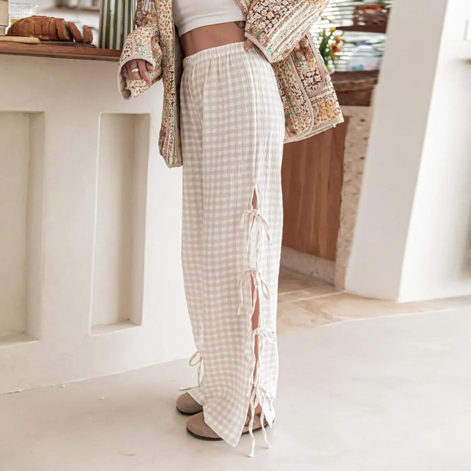 Y2K Gingham Pants for Women Bow Tie Side Slit Wide Leg Lounge Bottom Plaid Checkered Loose Fit Going Out Pants