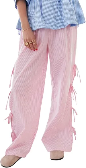 Y2K Gingham Pants for Women Bow Tie Side Slit Wide Leg Lounge Bottom Plaid Checkered Loose Fit Going Out Pants
