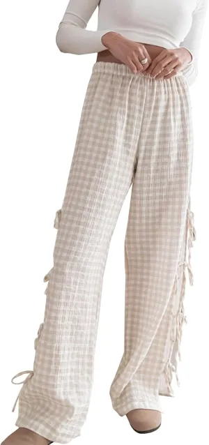 Y2K Gingham Pants for Women Bow Tie Side Slit Wide Leg Lounge Bottom Plaid Checkered Loose Fit Going Out Pants
