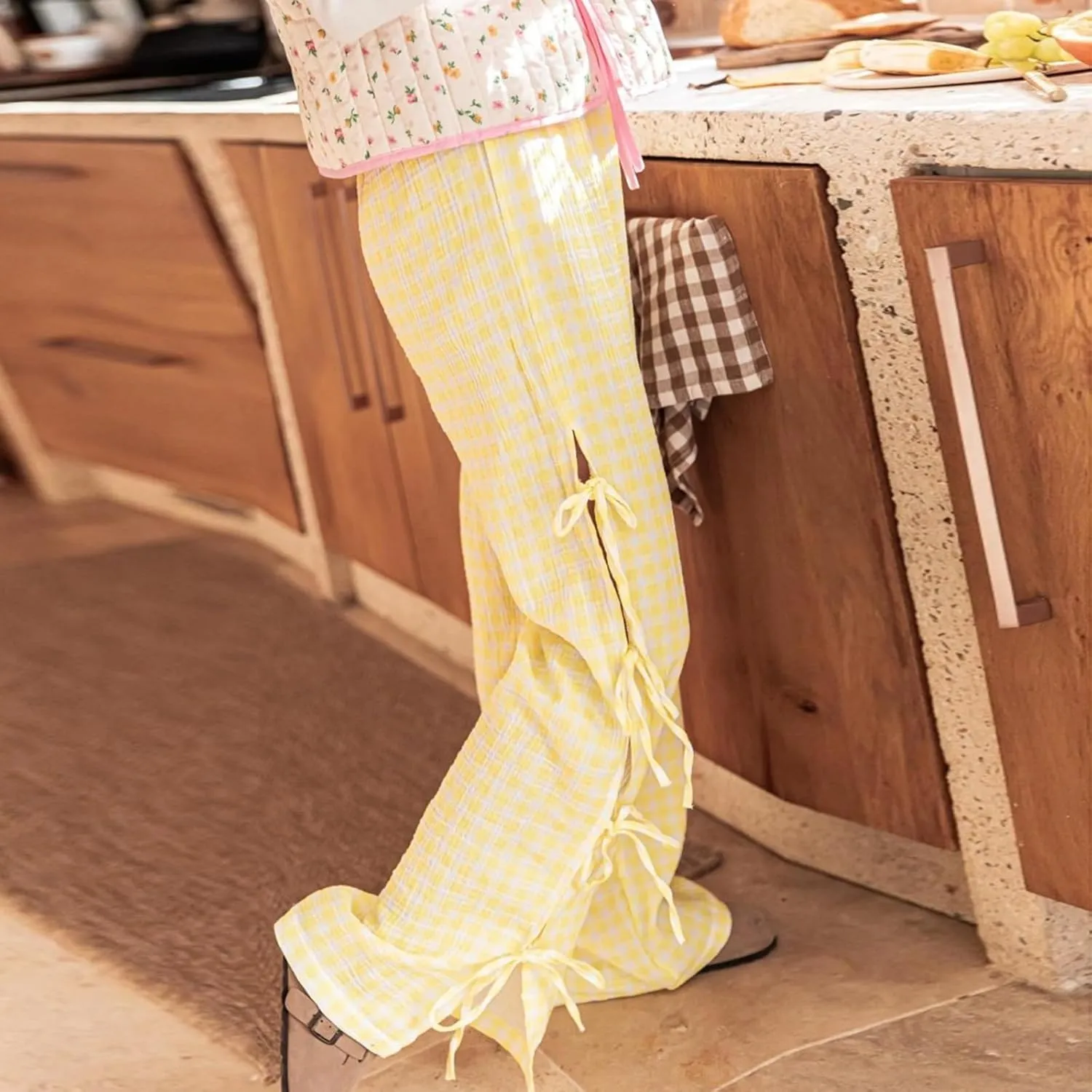 Y2K Gingham Pants for Women Bow Tie Side Slit Wide Leg Lounge Bottom Plaid Checkered Loose Fit Going Out Pants