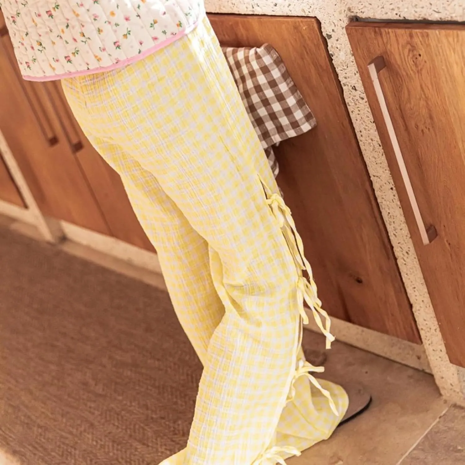 Y2K Gingham Pants for Women Bow Tie Side Slit Wide Leg Lounge Bottom Plaid Checkered Loose Fit Going Out Pants