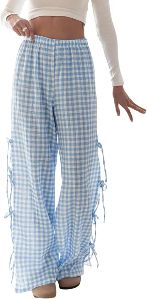 Y2K Gingham Pants for Women Bow Tie Side Slit Wide Leg Lounge Bottom Plaid Checkered Loose Fit Going Out Pants