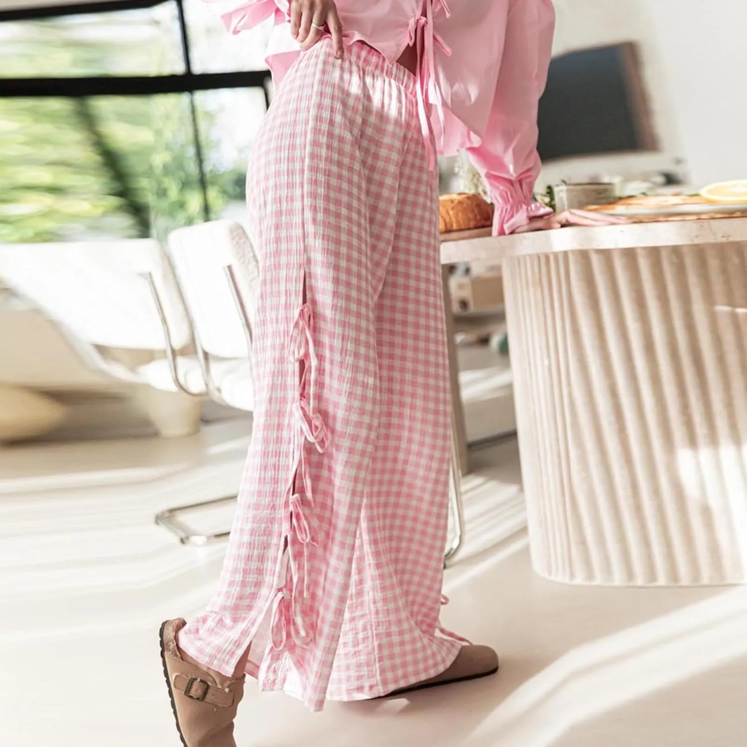 Y2K Gingham Pants for Women Bow Tie Side Slit Wide Leg Lounge Bottom Plaid Checkered Loose Fit Going Out Pants